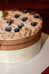 Closeup of a delicious blueberry cream cake