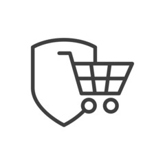 Compra segura. Logotipo con silueta de carrito de la compra con escudo con lineas en color gris