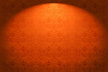 Royal, vintage horizontal background in orange with a classic Baroque pattern, Rococo. Autumn background, illustration for covers, postcards, ads, leaflets, labels, posters, banners and invitations