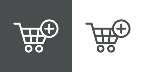 Add to cart. Logotipo con silueta de carrito de la compra con símbolo más en círculo con lineas en fondo gris y fondo banco © teracreonte