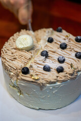 Closeup of a delicious blueberry cream cake