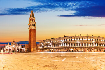 Piazza San Marco with Basilica of Saint Mark at sunset, Venice, Italy