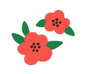Mugunghwa, Korean flowers with leaf. Rose of sharon, Chinese hibiscus with red petals and leaves drawn in doodle style. Modern botanical flat vector illustration isolated on white background