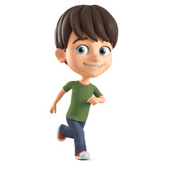 Character cartoon little boy in a green T-shirt runs. 3d render illustration.