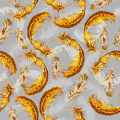 Watercolor seamless elegant pattern of colored feathers. Hand-drawn pattern in boho style, chic wallpaper. Bird feather pattern.