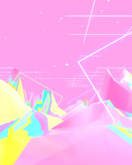 3d rendered rainbow terrain with neon tubes and stars.