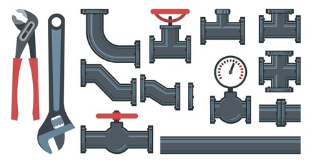 Set. Fittings, taps, bends, fittings and Wrench.. Spare parts for pipelines, sewerage, gas pipelines and any liquids. Isolated on a white background. Illustration Vector
