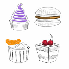 Set of drawings of sweets. Ideal for print, web, textile design, various souvenirs, scrapbooking.