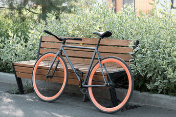 Fototapeta premium Horizontal no people shot of modern bicycle parked outdoors against wooden bench in city park on summer day
