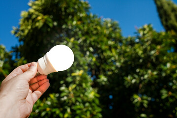 A hand holding a lit light bulb.