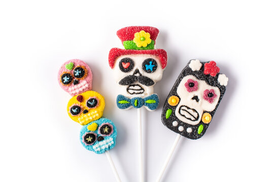 Candy skull lollipops isolated on white background