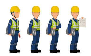 Set of industrial worker with the document file on white background