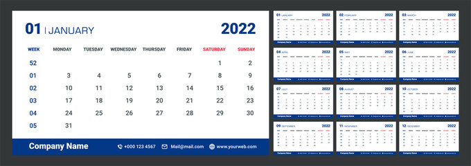 2022 Weekly Planning Calendar.  minimal
