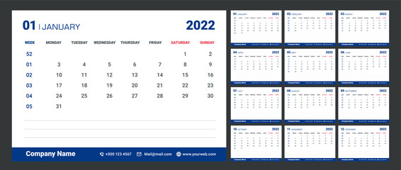 Modern minimal Calendar with week numbers for 2022.Memo Space.