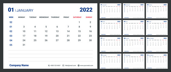 Modern minimal Calendar with week numbers for 2022.Memo Space.