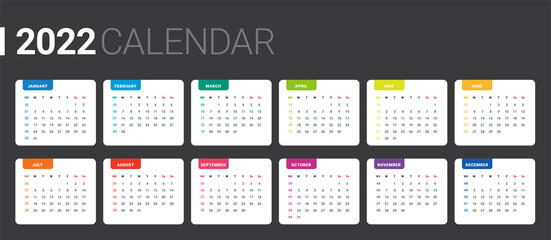 2022 basic grid calender.minimal and colorful