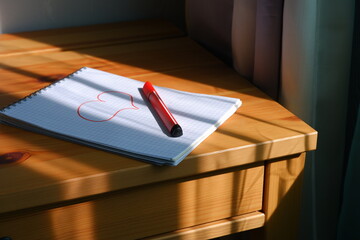 Drawing of a heart in a notebook. The sun's rays fall on the table and notebook. Valentine's Day.
