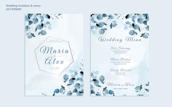 Romantic watercolor wedding invitation and menu, templates. Beautiful abstract leaves. Green and beige. Silver and blue.