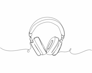 Continuous one line drawing of big headphones in silhouette on a white background. Linear stylized.Minimalist.