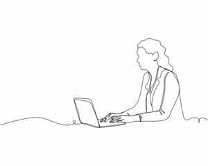 Continuous one line drawing of businesswoman sitting working in laptop in silhouette on a white background. Linear stylized.Minimalist.