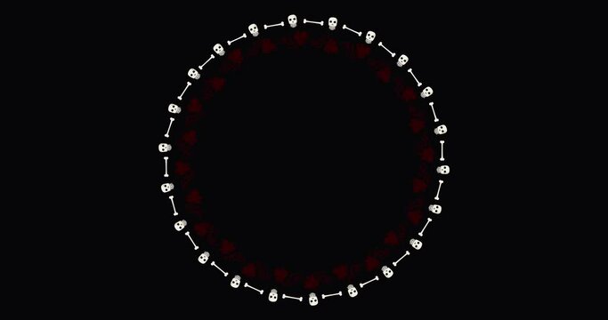 Halloween animated rotating round frames on black background. Animation with skulls, bones and brown pimpkin leaves. Footages for video and motion design.