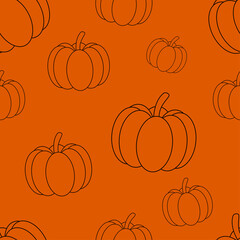 Seamless Halloween pumpkin pattern. Black pumpkin on orange background. Line art. Cute pattern for wrapping paper, textile prints, wallpapers.Vector illustration