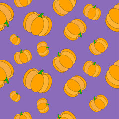 Seamless Halloween pumpkin pattern. Colorful pumpkin on purple background. Cute pattern for wrapping paper, textile prints, wallpapers.Vector isolated object