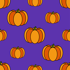 Seamless Halloween pumpkin pattern. Colorful pumpkin on purple background. Cute pattern for wrapping paper, textile prints, wallpapers.Vector illustration