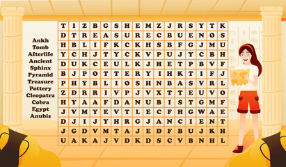 Ancient egypt word search riddle for kids with girl archeologist inside pyramide searching for treasure - obrazy, fototapety, plakaty