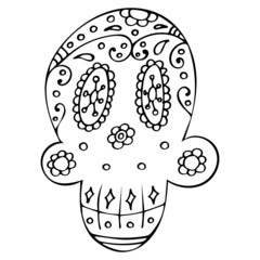 Black and White Traditional Mexican Hand Drawn Skull.
