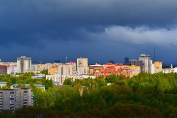 Fototapeta na wymiar Kirov, Kirov region / Russia 03 September 2021: Overview of the city of Kirov before a thunderstorm