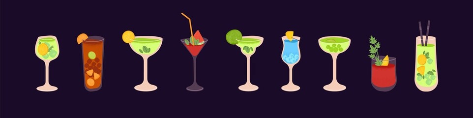 Set of popular tropical alcohol drinks, cocktails. Variety of summer iced hard and light alcoholic beverages with fresh fruits and straws. Classic party refreshments. Colored flat vector illustration