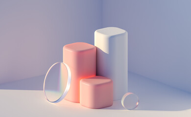 3d render abstract background. White and pink isometric steps cubes with transparent glass cylinder in geometric podium composition. Promotional mock up banner with empty space for product design show