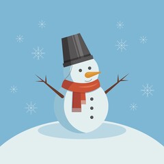 Snowman with a bucket on his head and a red scarf. Vector illustration in flat style.