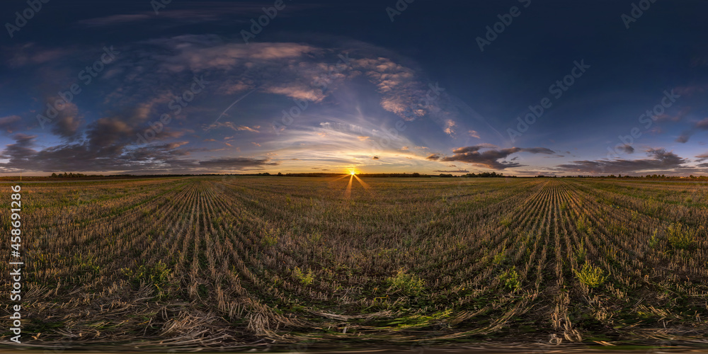 Wall mural evening hdri panorama 360 view among farming fields with sunset clouds in equirectangular spherical 
