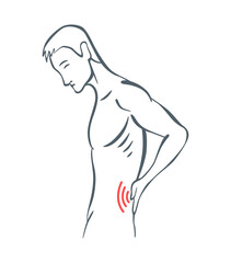 Body part pain. Man feels pain in back of body marked with red lines. Vector foci of pain or trauma symbols, grey art line illustration