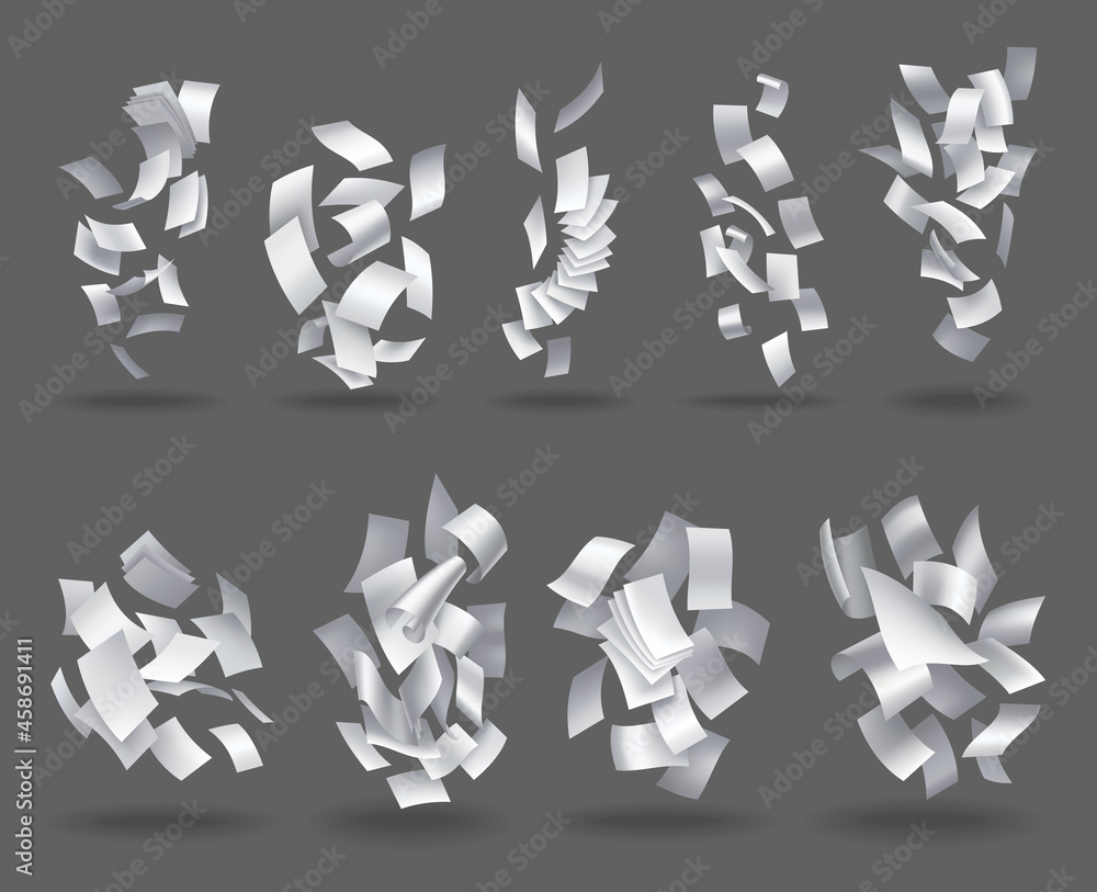 Poster collection of realistic falling paper sheets. set of flying curved leaves of paper. vector loose soa