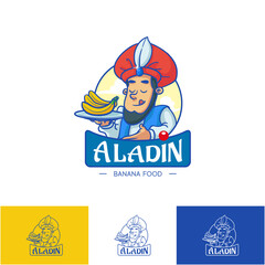 Aladin Banana people Food Logo, fresh yellow sticker Vector Icon Illustration, Fruit Concept Isolated, Flat Outline Cartoon Style for chips stick cake bread