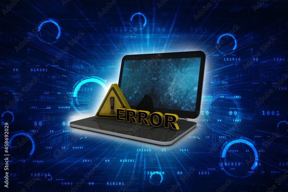 Poster 3d rendering exclamation sign with error in laptop