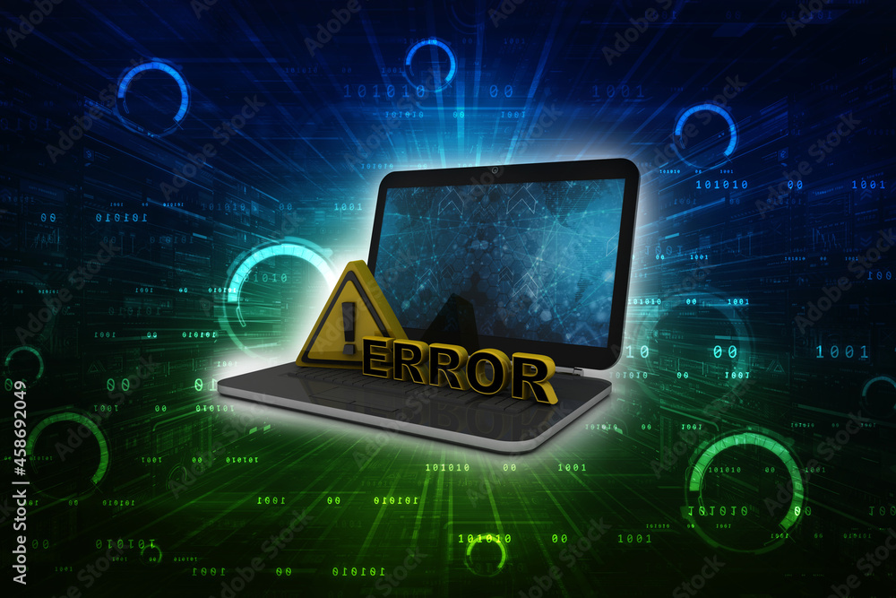 Poster 3d rendering exclamation sign with error in laptop