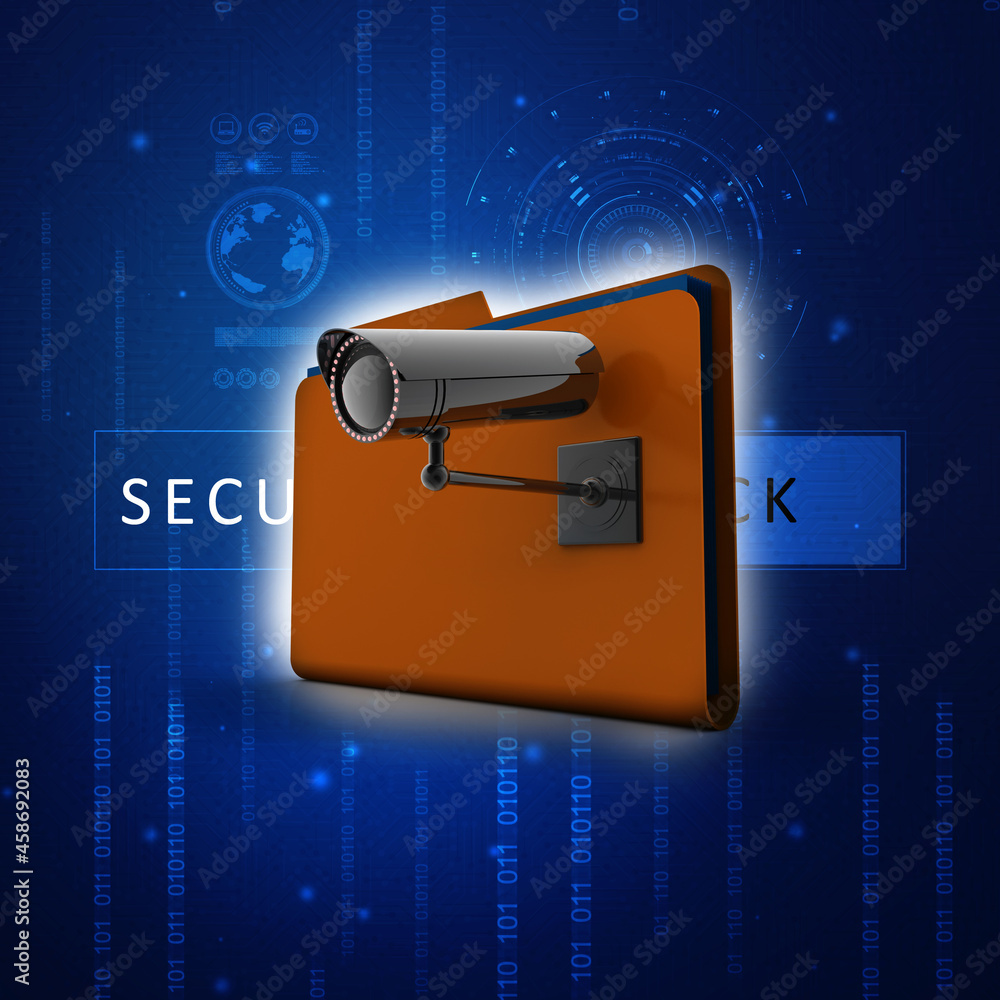 Poster 3d rendering surveillance cctv security camera with folder