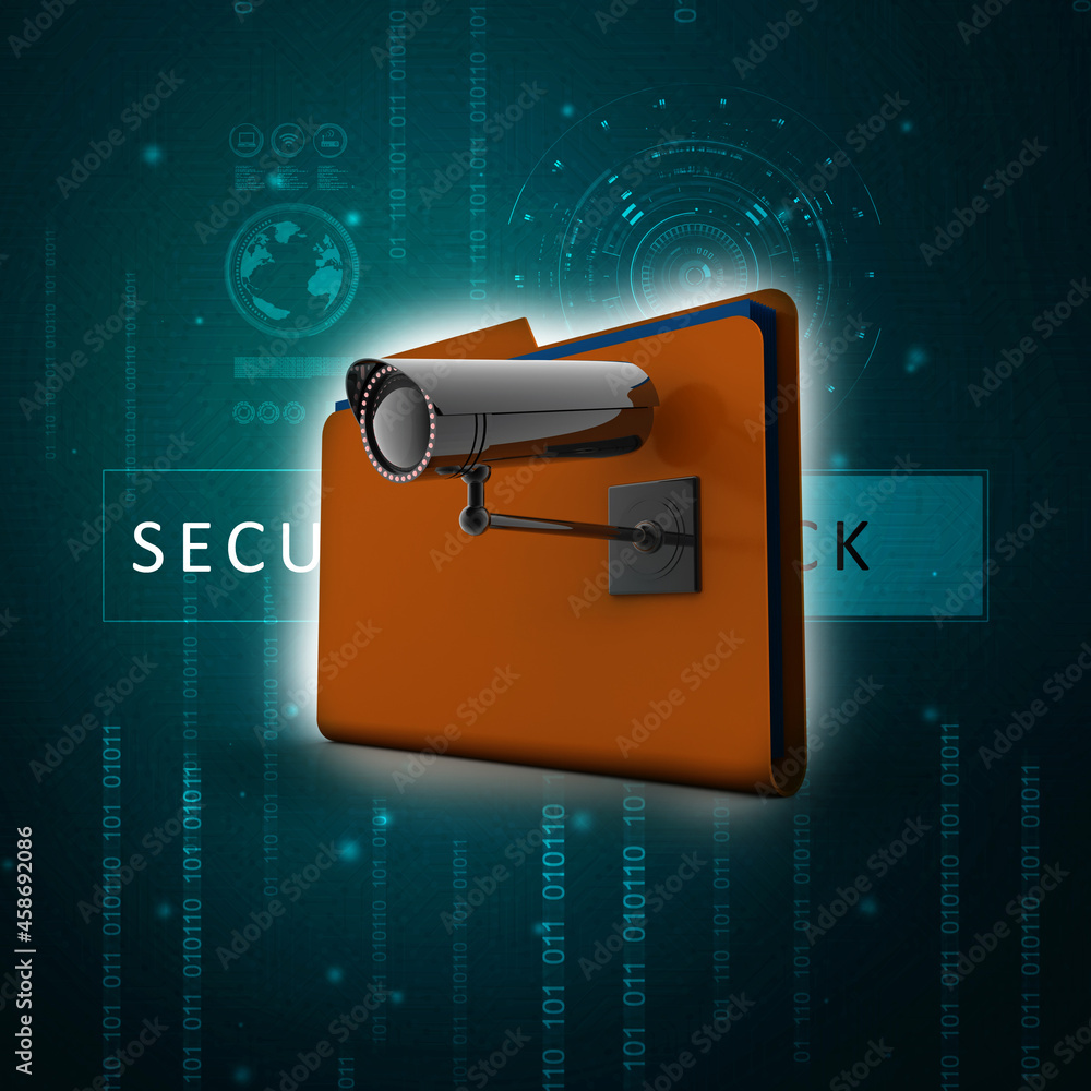 Poster 3d rendering surveillance cctv security camera with folder