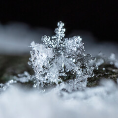 Snow in winter close-up. Macro image of snowflakes, winter holiday background. 