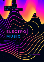 Electronic Music festival poster with abstract gradient line and decoration elements. Modern club party flyer. Sound cover design with neon colors.