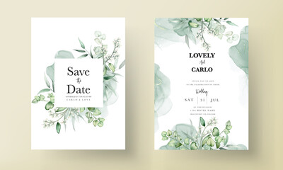 elegant eucalyptus leaves watercolor wedding invitation card © mariadeta