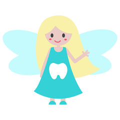 Funny cartoon Tooth Fairy. Cute girl with fair hair and wings. Fairy in blue dress with tooth print. Illustration for kids and children. Print for books, banner, invitation, sticker, design and decor