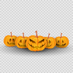 Group Pumpkin carving faces set with Funny and scary eyes and mouths. Emojis for Halloween day , isolated on transparent background Flat cartoon flat style. illustration Vector EPS 10