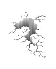 Crack after earthquake. Hole in ground and destruction crack. Aging or dried ground effects, land destruction. Cracked ground isolated on a white background