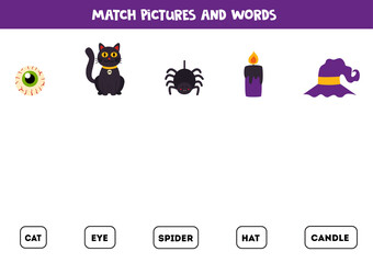 Matching Halloween objects and words. Educational game for kids.