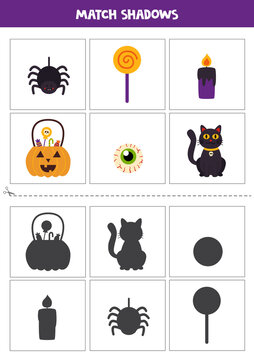 Find shadows of cute Halloween pictures. Cards for kids.